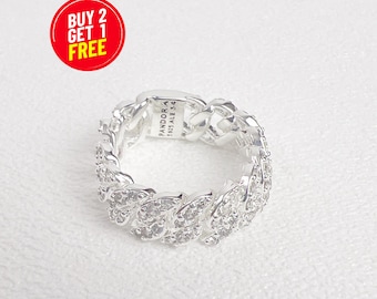 Anillo Pandora de plata esterlina con cadena cubana pavé. Regalos personalizados. Joyería para ella.