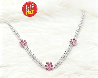 Sterling Silver Pink Flower Tennis Necklace Jewelry gift for her