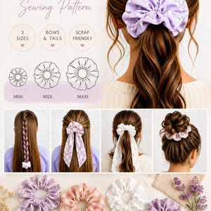 Pode incluir: Um molde de costura para elásticos de cabelo com o texto Scrunchie Sewing Pattern, 3 Sizes, Bows & Tails, Scrap Friendly, Easy to Sew, Beginner Friendly e Instant Download. A imagem mostra vários elásticos com estampas florais.
