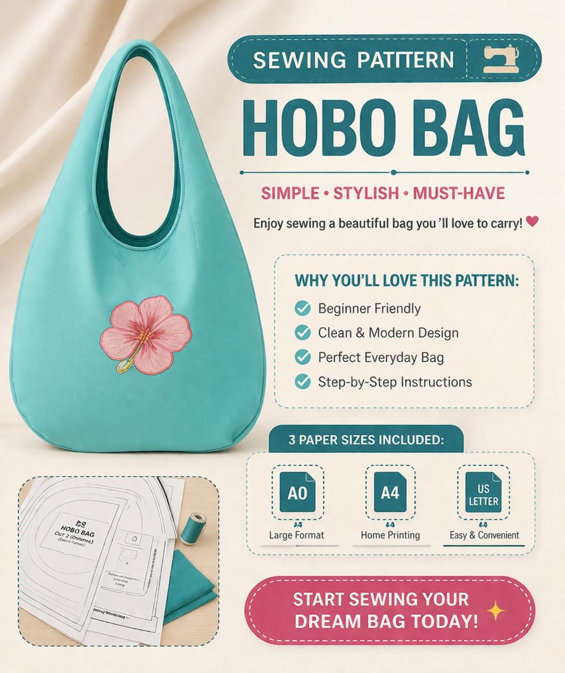 Hobo Bag Sewing Pattern, Slouchy Shoulder Bag, Crescent Tote DIY (PDF ...