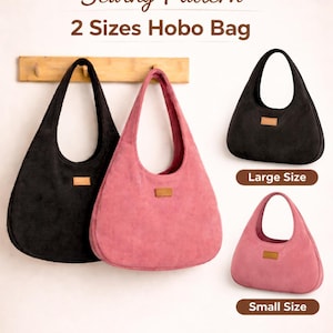 May include: Image of a sewing pattern for two sizes of hobo bags. The bags are black and pink corduroy, with a small rectangular patch. The text "70% OFF Sewing Pattern" is at the top, with "Limited Time Offer!" at the bottom.