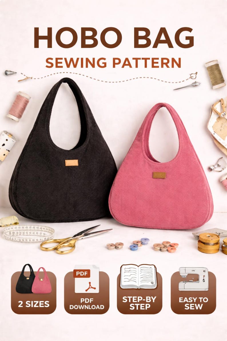 Easy Hobo Bag Sewing Pattern, Curved Shoulder Tote, 2 Sizes (large ...