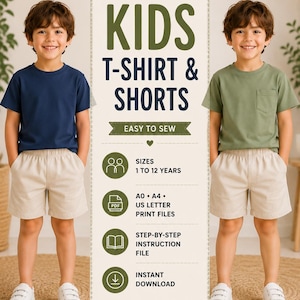 May include: Digital PDF sewing pattern for a kids t-shirt and shorts set. The pattern includes sizes for 1 to 12 years, A0, A4, and US letter print files, and a step-by-step instruction file. The design features a short-sleeved t-shirt and shorts.