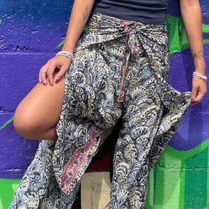 Blended Silk Harem Pants, Wide Leg Boho Beach Trousers, Side Splits Black Cream