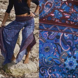 Pantalones harem sedosos de talla única, color azul con estampado rosa violáceo, estilo palazzo.