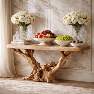 Mesa consola artesanal de madera flotante, mesa de entrada rústica de madera maciza.