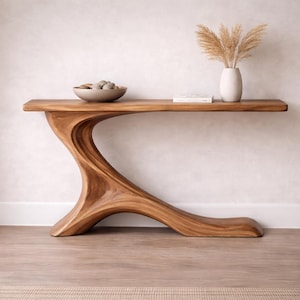 Consola escultural de madera de teca, mesa de entrada moderna, muebles artesanales de líneas orgánicas y curvas.