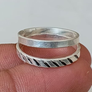Set of 2 Sterling Silver Stacking Rings, Plain Flat Band and Diagonal Patterned Ring, Minimalist Silver Stacker Set, 925 Silver