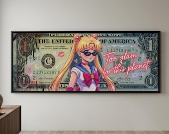 Sailor Moon Dollar Bill Panoramic Canvas Print, Extra Wide Modern Statement Decor