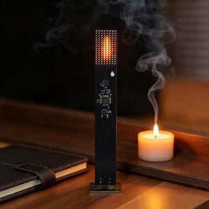 May include: A black electronic aromatherapy diffuser with a rectangular design and a grid of orange lights at the top. A lit candle and a leather-bound notebook are also visible on a wooden surface.