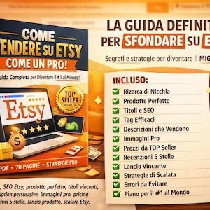 Può includere: Una guida Etsy intitolata "COME VENDERE SU ETSY COME UN PRO!" con un laptop che mostra il logo Etsy. La copertina presenta un'icona a forma di sacco di soldi e un badge "Top Seller Secrets". Viene inoltre mostrato un elenco degli argomenti inclusi.