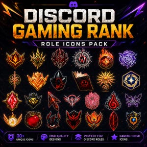 May include: A collection of over 30 digital gaming role icons for Discord, featuring various emblems including flames, crystals, shields, and books. The text DISCORD GAMING RANK ROLE ICONS PACK is displayed at the top, with 30+ UNIQUE ICONS at the bottom.