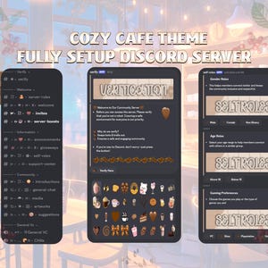 Puede incluir: Una pantalla digital que muestra una configuración del servidor Discord con el tema "Cozy Cafe". La interfaz presenta un tema oscuro con texto e iconos, incluyendo las secciones "Verificación" y "Self Roles". Dos osos de peluche están colocados a los lados.