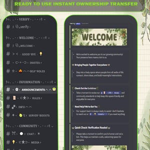 Könnte beinhalten: Eine digitale Grafik, die für einen Discord-Server wirbt und Text wie "Completely Setup Cottage Core Discord Server" enthält. Das Bild enthält eine Willkommensnachricht, Richtlinien und Verifizierungsanweisungen, alles in einer Natur-Thematik.