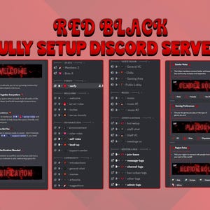 以下が含まれることがあります： 赤と黒の配色で、完全にセットアップされたDiscordサーバーインターフェース。インターフェースには、ウェルカム、検証、ボイスルーム、サーバーロールのセクションが含まれています。「Welcome」と「Verification」のテキストが含まれています。