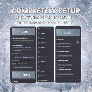May include: A digital graphic promoting a "Snow White Discord Server." The image features a dark theme with white text, including "Welcome," "Rules," and server guidelines. The design is clean and organized, with a wintery background.