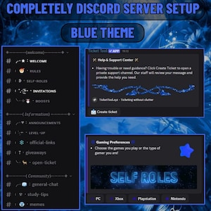 May include: A blue-themed Discord server setup graphic with text that reads "COMPLETELY DISCORD SERVER SETUP" and "BLUE THEME." The image includes sections for welcome, rules, self-roles, and gaming preferences, with options for PC, Xbox, Playstation, and Nintendo.
