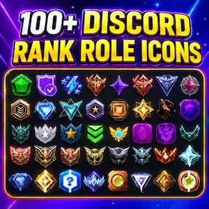 May include: A digital collection of 100+ Discord rank role icons displayed in a grid. The icons feature various shapes including shields, stars, diamonds, and geometric emblems in vibrant colors like gold, blue, purple, green, and red.