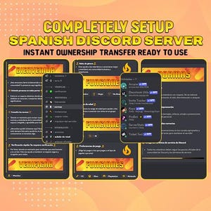 May include: Image of a completely setup Spanish Discord server, ready to use. The image shows several screens with text in Spanish, including "Bienvenida", "Funciones", and "Normas". The server offers instant ownership transfer.