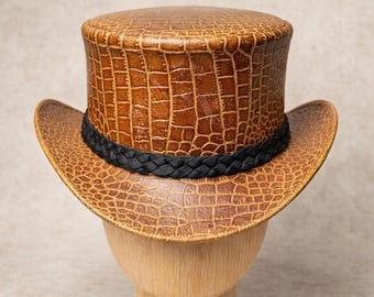 Handmade Western Cowboy Hat, Genuine Leather Croc Texture, Brown Ranch Style