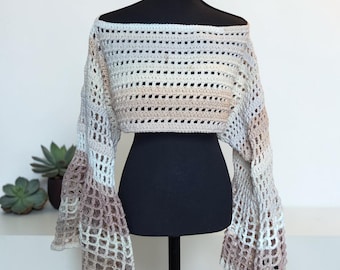 Beige Crochet Shrug for Women, Bell Sleeve Bolero, Handmade Boho Cropped Sweater, Gradient Crochet Top, Festival Layering Cover Up