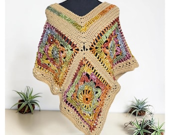 Handmade Crochet Granny Square Poncho – Boho Earth Tone Fringe Shawl Wrap, Gift for her
