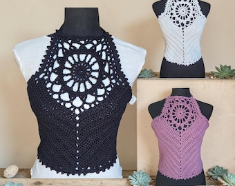 Handmade Crochet Halter Top | Boho Mandala Festival Crop Summer Beachwear