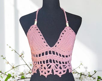 Handmade Crochet Crop Top for Women Boho Festival Top Summer Halter Top Adjustable Cotton Bralette Beach Outfit
