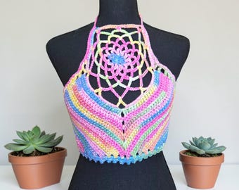 Handmade Crochet Crop Top, Rainbow Festival Bralette, Boho Summer Shirt