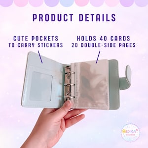 May include: A light blue mini binder with a metal three-ring mechanism and clear plastic sleeves. Text on the image reads: PRODUCT DETAILS, CUTE POCKETS TO CARRY STICKERS, HOLDS 40 CARDS, 20 DOUBLE-SIDE PAGES. The binder features a side closure tab.