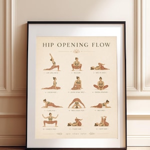 Peut inclure: Une affiche murale encadrée intitulée Hip Opening Flow, présentant douze poses de yoga illustrées dans une palette de couleurs douces. Le poster affiche des silhouettes dans diverses positions avec des étiquettes sur un fond couleur crème.