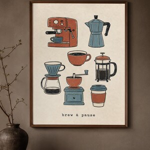 May include: A framed wall art print on a cream background featuring illustrations of coffee brewing equipment including an espresso machine, moka pot, pour-over dripper, coffee grinder, French press, and a travel cup with the text brew & pause.
