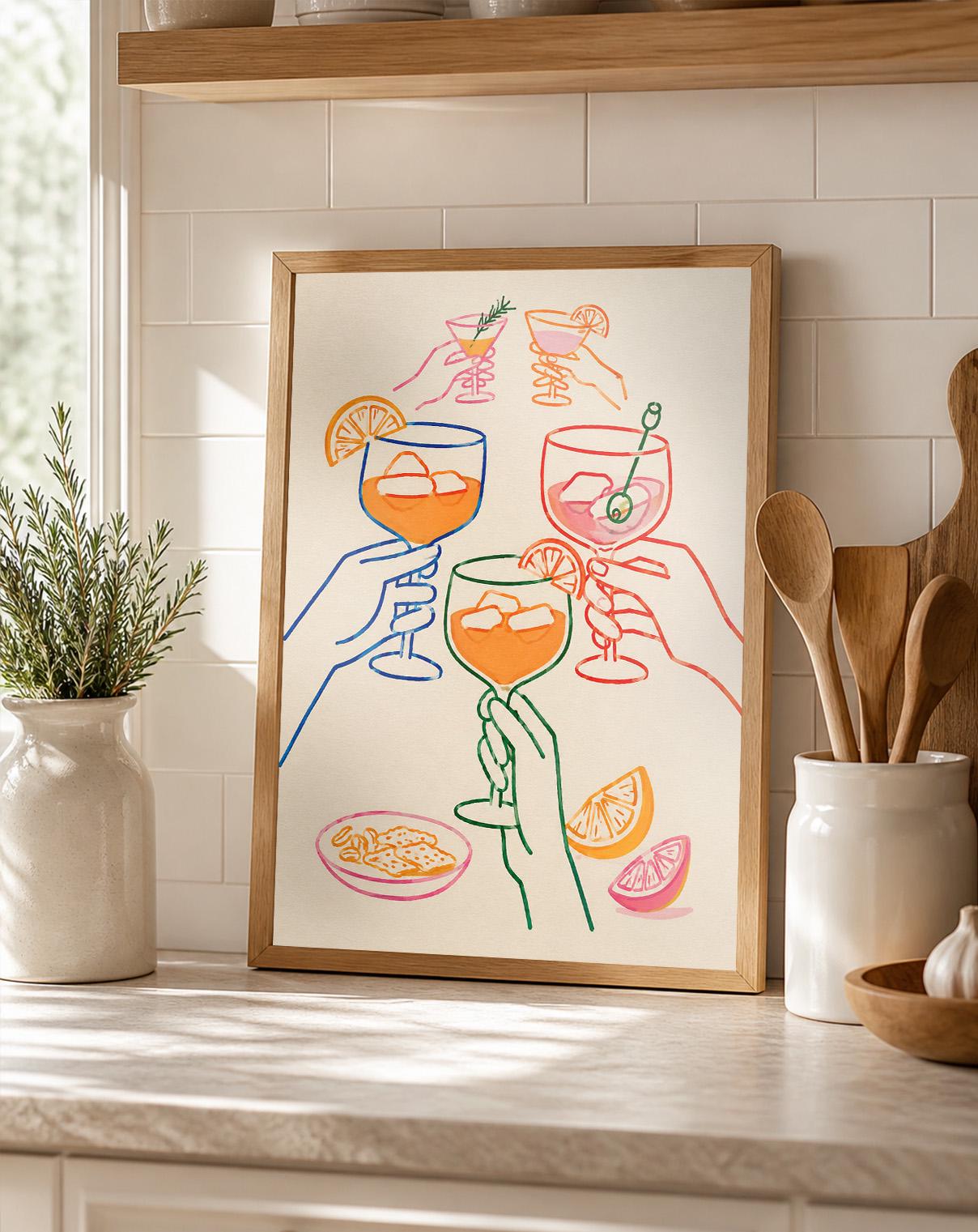Colorful Cheers Line Art Print, Modern Drink Wall Art, Abstract Bar ...