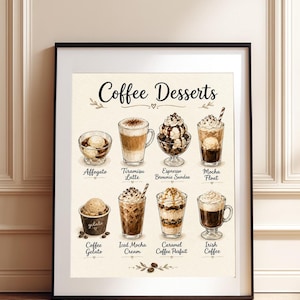 Coffee Desserts Print, Dessert Guide Wall Art, Cafe Kitchen Poster, Sweet Drinks Giclée