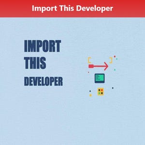 Op de afbeelding: Lichtblauw t-shirt met de tekst "IMPORT THIS DEVELOPER" in donkerblauwe blokletters. Een rode pijl wijst naar rechts, met een klein groen scherm en kleurrijke vierkanten rechts.