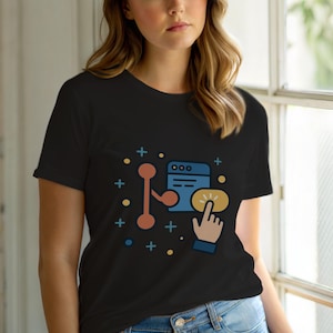 May include: Black t-shirt with a colourful graphic of a hand pointing at a glowing button on a computer screen. The design includes blue, orange, and yellow elements, with small blue and orange plus signs scattered around the graphic.