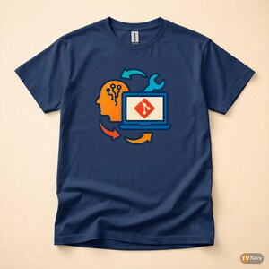 Könnte beinhalten: Marineblaues T-Shirt mit farbenfrohem Grafikdesign. Das Design zeigt eine orangefarbene Kopfsilhouette mit einer Leiterplatte, einem Laptop, einem Schraubenschlüssel und Pfeilen. Der Laptop zeigt ein rot-weißes Symbol.
