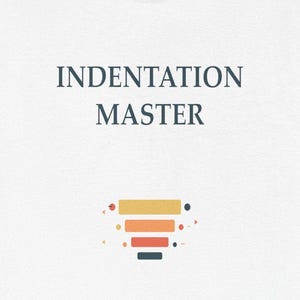 Può includere: T-shirt bianca con la scritta "INDENTATION MASTER" in blu scuro, sopra una grafica a imbuto colorata. La grafica presenta barre orizzontali gialle, arancioni, rosse e blu scuro. La maglietta è realizzata in tessuto chiaro.