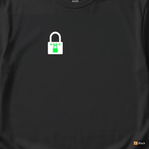 May include: Black t-shirt featuring a white and green padlock graphic. The padlock design includes four green stars above the lock and a green lock icon. The shirt is made of a heavy cotton material.