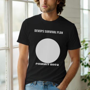 May include: Black t-shirt with the text "DEVOPS SURVIVAL PLAN" above a large white circle and the words "COMMIT DUCH" below. The shirt is worn by a person.