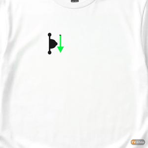May include: White t-shirt with a black and green graphic. The graphic shows a black shape with two black circles and a green downward arrow. The shirt is made of heavy cotton.