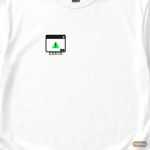 May include: White t-shirt with a black graphic of a computer error message. The graphic shows a black box with a green exclamation mark and the word "ERROR". The shirt is made of heavy cotton.