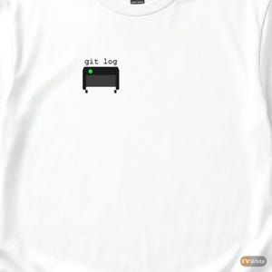 May include: White t-shirt featuring the text "git log" above a pixelated graphic of a computer terminal in black and green. The shirt is made of white fabric. The graphic includes a green light.