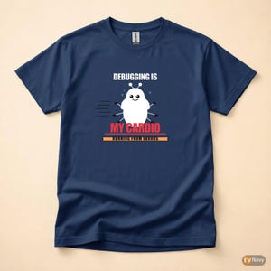 May include: Navy blue t-shirt with the text "Debugging is My Cardio Running From Errors" and a cartoon bug graphic. The graphic is white with black accents and a smiling face. The text is in white and red.