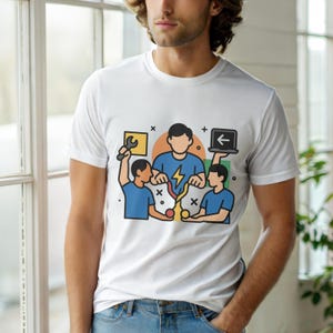 Könnte beinhalten: Weißes T-Shirt mit einer farbenfrohen Grafik, die drei zusammenarbeitende Figuren zeigt. Die zentrale Figur hat einen Blitz auf ihrem Hemd. Eine Figur hält einen Schraubenschlüssel, eine andere einen Laptop mit einem Pfeil.