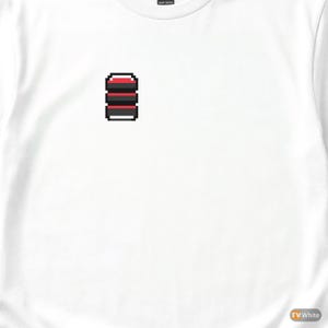 May include: White t-shirt featuring a pixelated design of three stacked rectangles in red, black, and white. The graphic is positioned on the chest. The shirt is made of heavy cotton.