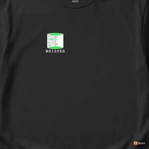 May include: Black t-shirt featuring a graphic of a data server with green accents and the word "WHISPER" in white. The design is centered on the chest. Made of heavy cotton.