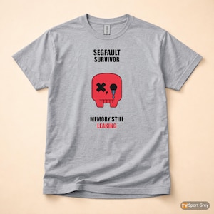Op de afbeelding: Een grijs t-shirt met de tekst "SEGFAULT SURVIVOR" boven een rode schedelafbeelding. De schedel heeft een zwart kruis als oog en een blauwe traan. Daaronder staat de tekst "MEMORY STILL LEAKING."