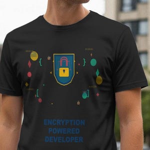 Può includere: T-shirt nero con una grafica colorata raffigurante uno scudo con un lucchetto, circondato da forme geometriche. Il testo "ENCRYPTION POWERED DEVELOPER" è stampato in blu sotto. La maglietta è a maniche corte.