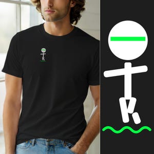 May include: A black short-sleeved t-shirt featuring a small white graphic on the left chest. The graphic depicts a white circular head with a horizontal green line, a white stick figure body, and a wavy green line representing water below the feet.